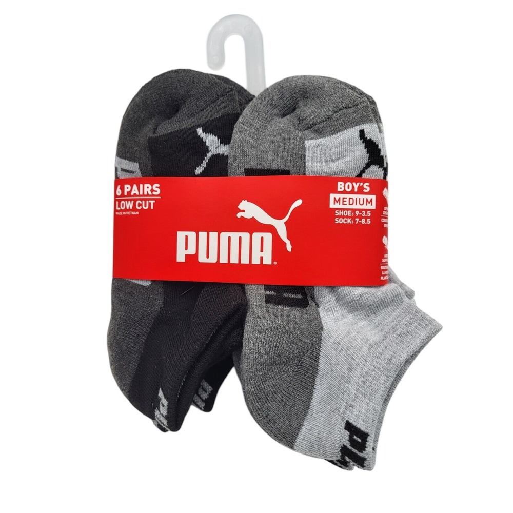 Puma Boy's 6 Pack Quarter Crew Socks – M (7-8.5), Zing Grey Black